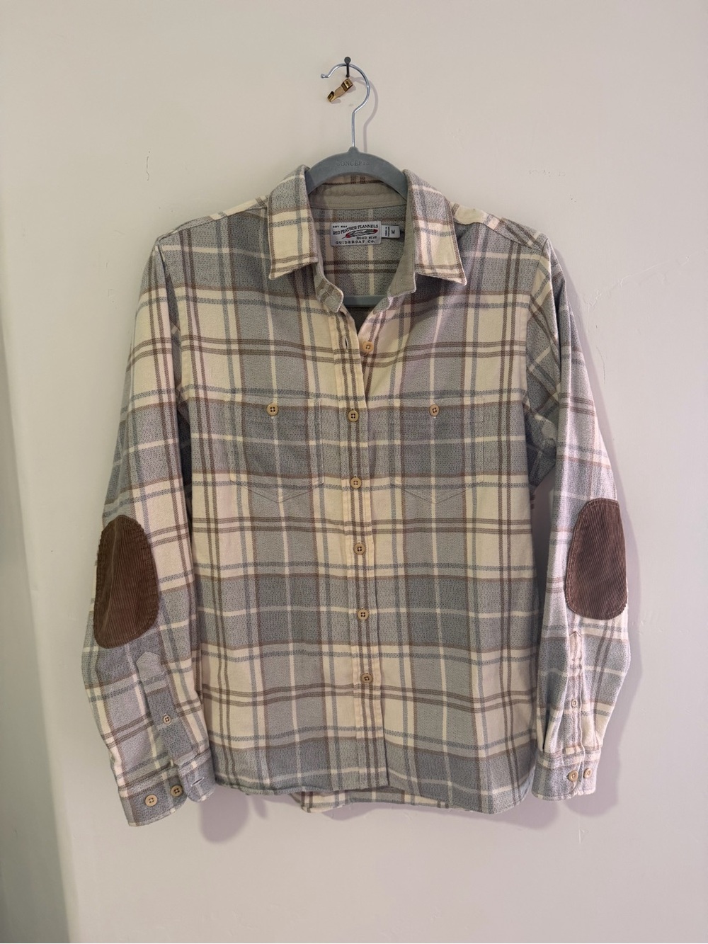 Women's Plaid Button-Down Shirt with Brown Elbow Patches - Gray/Cream